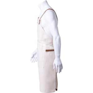 A beige apron with brown straps and pockets, displayed on a mannequin from the side. Features a logo.