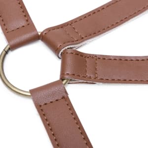 A brown leather strap with stitching and a circular metal ring, designed for attachment in aprons or workwear.