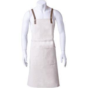 A cream-coloured apron with brown straps and a front pocket. It features a logo on the chest area.