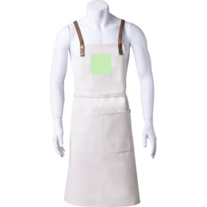 A light-coloured apron with brown straps and a square patch, displayed on a mannequin. It features a logo.
