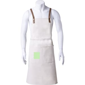 A beige apron with brown straps and a pocket, displayed on a mannequin against a plain background.