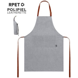 A grey apron with brown straps, featuring a logo, made from RPET leatherette material.