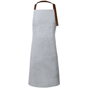 A grey apron with a brown strap, featuring a simple design and no visible logo or branding.
