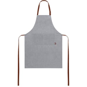 A grey apron with brown straps and a small logo at the front, designed for workwear use.