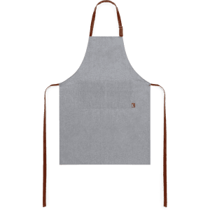 A grey apron with brown straps and a small logo, designed for workwear purposes.