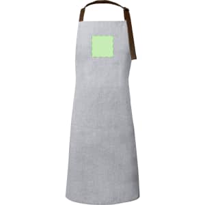 A grey apron with a green square patch and brown straps. It features a branding logo on the patch area.