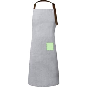 A grey apron with a brown strap and a square patch on the front. It features a logo on the patch.