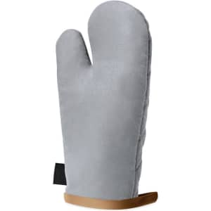 A grey kitchen mitten with a tan base, featuring a logo, designed for heat protection in cooking.