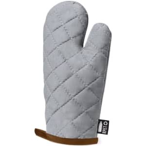 A grey quilted kitchen mitten with a brown base, featuring a logo on the side.