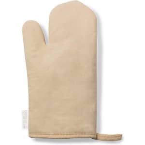 A beige kitchen mitt with a loop for hanging, featuring a simple design and a branding logo.