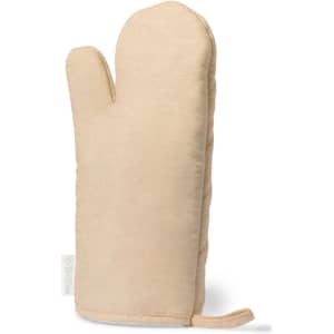 A beige kitchen mitt with a textured surface and a loop for hanging, featuring a small logo.