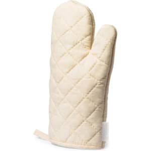 A beige quilted kitchen mitten with a loop for hanging. It has a simple design and a textured surface.