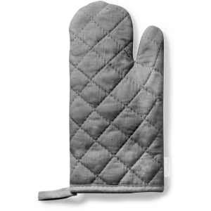 A grey quilted kitchen mitten with a hanging loop for easy storage. It has a stylish and functional design.