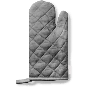 A grey kitchen mitten with a quilted pattern and a loop for hanging, featuring a small branding label.