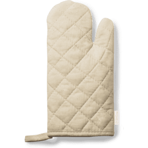 A cream kitchen mitten with a quilted pattern and a hanging loop, featuring a small logo label.