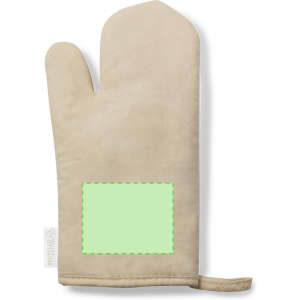 A cream-coloured kitchen mitten with a green patch for branding. It features an integrated loop for hanging.