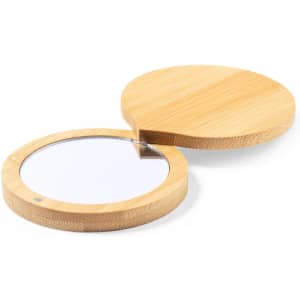 A bamboo pocket mirror with a round design, featuring a reflective surface and a wooden cover.