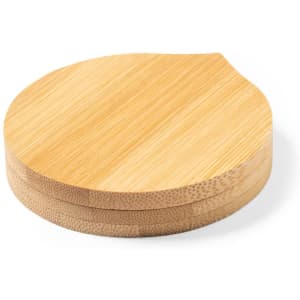 A bamboo pocket mirror with a round, leaf-shaped design and a natural wood finish. It features a smooth surface.