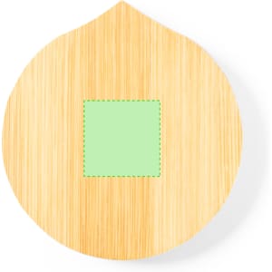 A wooden pocket mirror with a rounded leaf shape and a green square in the centre. It has a branding logo.