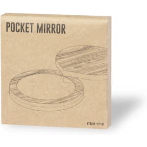 A pocket mirror in a brown kraft package with a simple line drawing design. The package has a logo.
