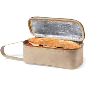 A tan thermal sandwich holder with a silver insulated interior, featuring a handle, and an open top displaying a sandwich.