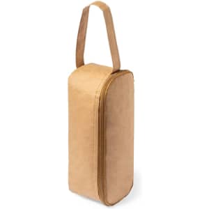 A beige thermal sandwich holder with a zip closure and a hanging handle. It features a simple design and branding logo.