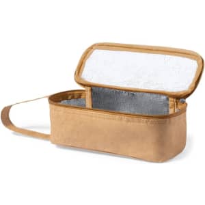 A thermal sandwich holder in tan, featuring an insulated silver interior and a side handle for easy carrying.