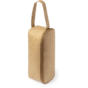 A tan thermal sandwich holder with a sturdy handle and zip closure. Features a simple design and a branding logo.