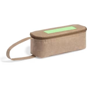 A brown thermal sandwich holder with a green label, featuring a handle for easy carrying.