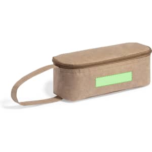 A tan thermal sandwich holder with a zipper and a handle, designed for keeping food warm.