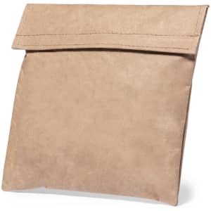 A tan lunch bag with a fold-over top, featuring a simple design and no visible branding.