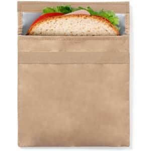 A beige thermal snack holder with a sandwich and lettuce visible inside. It features a logo on the exterior.