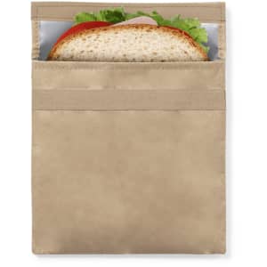 A beige thermal snack holder with a sandwich and fillings of lettuce and tomato visible inside.