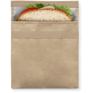 A beige thermal snacks holder displaying a sandwich with lettuce and tomato peeking out from the top.