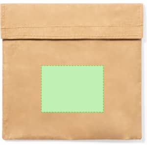 A tan thermal snack holder bag with a blank green patch, suitable for personalisation.