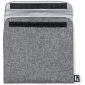 A grey thermal snack holder with a velcro closure, featuring a simple design and a small logo.