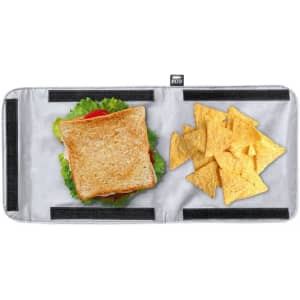 A grey lunch bag with a sandwich and a portion of triangle corn chips inside. The bag features a branding logo.