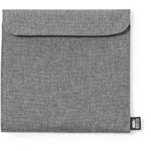 A grey thermal snack holder with a flap closure and a logo tag on one side. Ideal for keeping snacks warm.