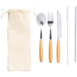 A cutlery set featuring a spoon, fork, knife, and stainless steel straws with wooden handles, packaged in a cotton pouch.