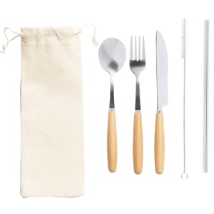 A cutlery set featuring a spoon, fork, knife, and reusable straws with wooden handles, packaged in a fabric pouch.