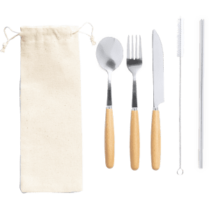 A cutlery set with a spoon, fork, knife, straw, and cleaning brush in a cream pouch, featuring wooden handles.