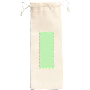 A natural-coloured fabric pouch with a green rectangular area, featuring a drawstring closure and a logo.