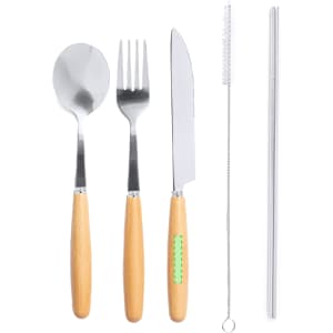 A cutlery set featuring a spoon, fork, knife, stainless steel straw, and cleaning brush with wooden handles.