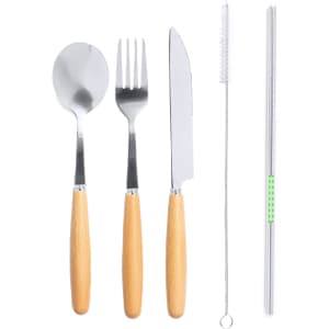 A cutlery set featuring a spoon, fork, knife, stainless steel straw, and cleaning brush with wooden handles.