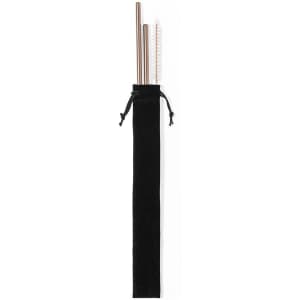 A set of metallic drinking straws in rose gold and a cleaning brush, presented in a black fabric pouch.