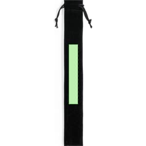 A black velvet pouch with a green strip, featuring a drawstring closure. Ideal for storing items.