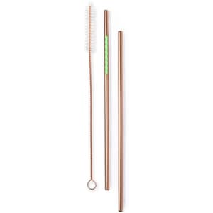 A set of three copper drinking straws with a cleaning brush, featuring a sleek design and a logo.