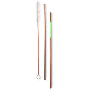 A set of copper drinking straws, including one straight and one bent straw, alongside a cleaning brush.