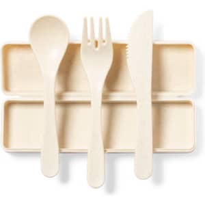 A cutlery set in beige featuring a spoon, fork, and knife, neatly stored in a matching case.