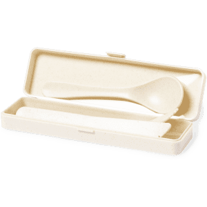 A beige cutlery set with a spoon and fork, stored in a matching case with a lid. Features branding inside the case.